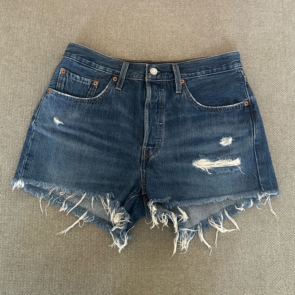Levi's 501 Distressed Dark Blue Denim Cutoff Shorts